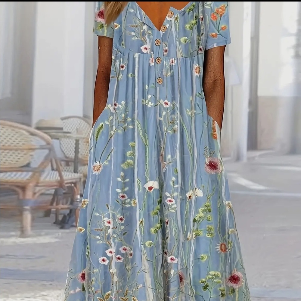 Floral Print V Neck Midi Dress